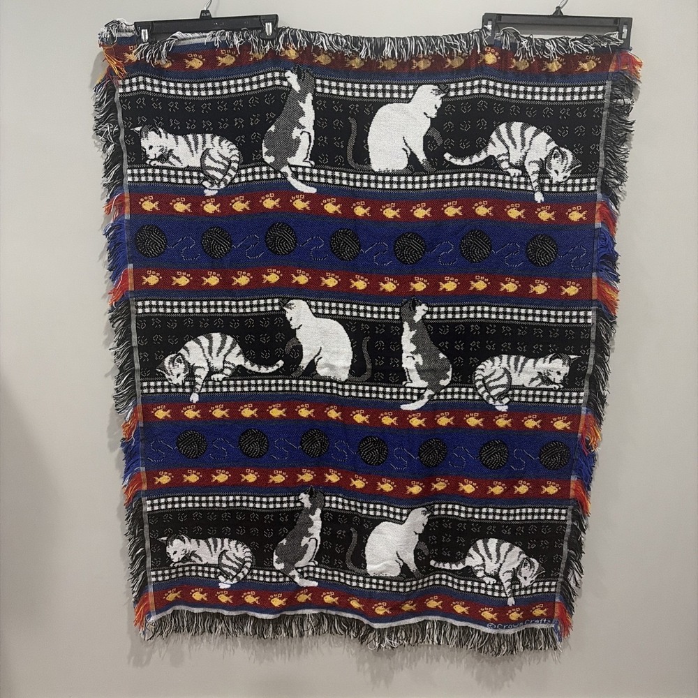 Vintage San Marcos Fringe Cat And Fish Blanket 46"x57" New